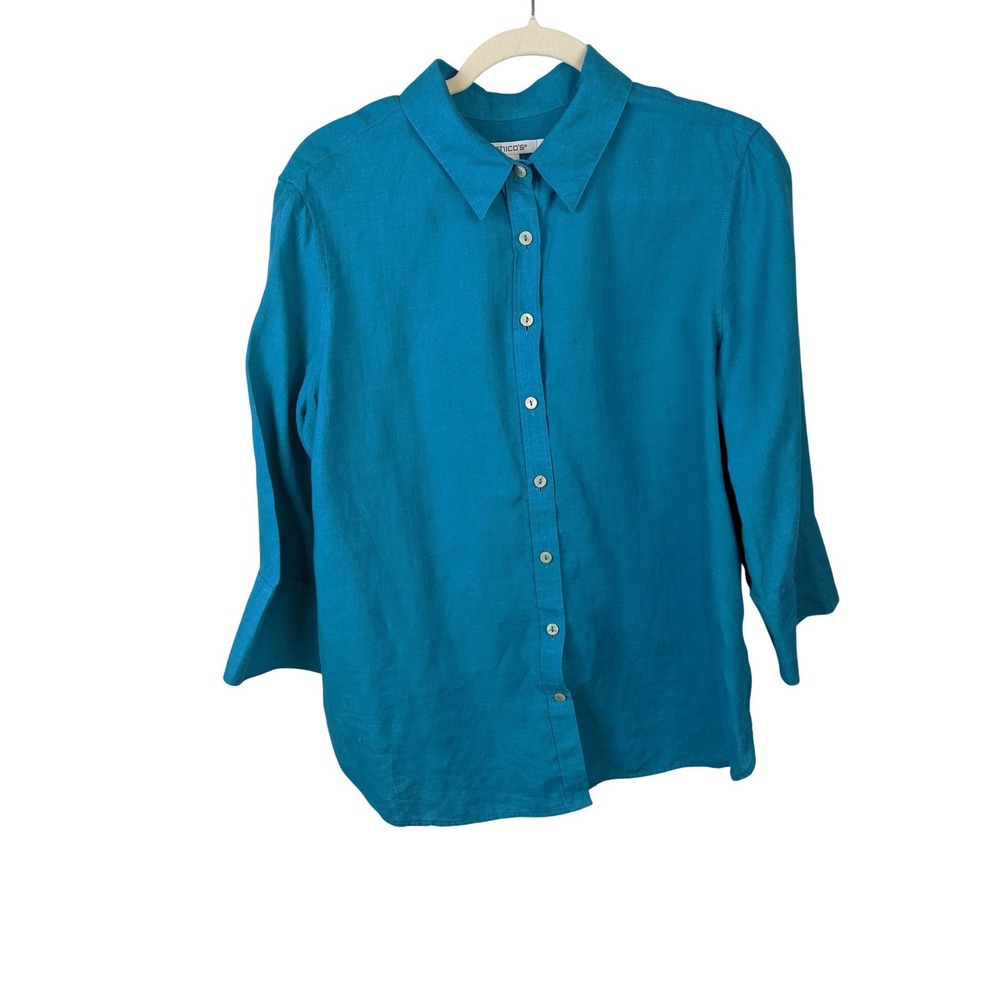 Chicos 100% Linen Button Up Shirt Teal Blue 3/4 Sleeve Size 2 US 12 Large